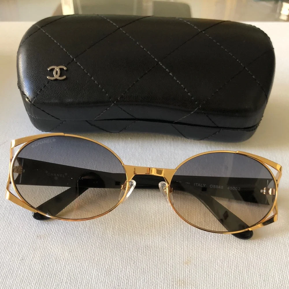Chanel Gold Metal Round Sunglasses with Black Case